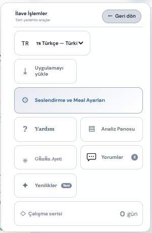 Ayar düğmesine basınca açılan İlave İşlemler menüsü