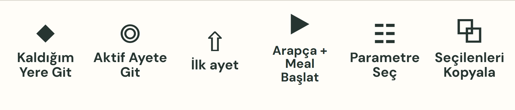 Alt kuşakta Kaldığım Yere Git, Aktif Ayete Git, İlk ayet, Arapça + Meal Başlat, Parametre Seç ve Seçilenleri Kopyala düğmeleri